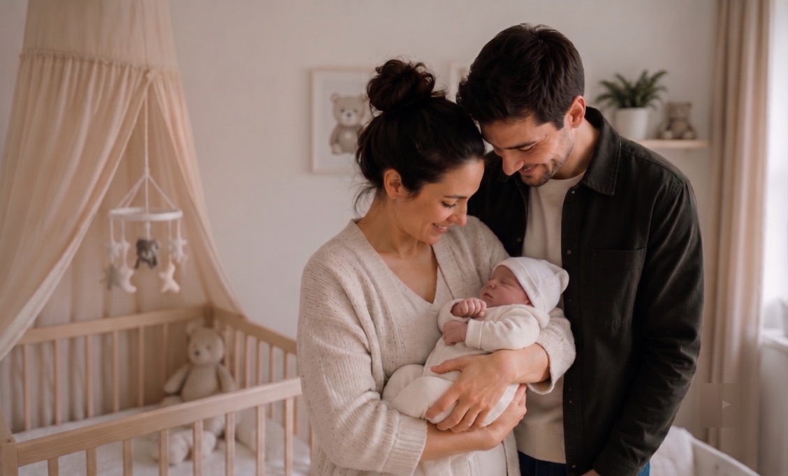 Familie mit Baby im Kinderzimmer