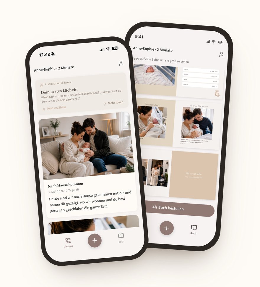 Die BabyTales App auf zwei iPhones: links die Chronik mit einem Moment, rechts euer Buch mit gestalteten Seiten